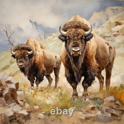 Original Western Art American Bison, Buffalo, Hand Painted 36x36 Inches Signed