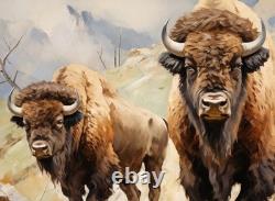Original Western Art American Bison, Buffalo, Hand Painted 36x36 Inches Signed