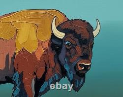 Original Western Art American Bison, Buffalo, Hand Painted 40x24 Inches Signed