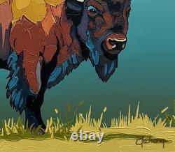 Original Western Art American Bison, Buffalo, Hand Painted 40x24 Inches Signed