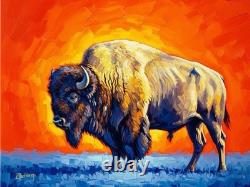 Original Western Art American Bison, Buffalo, Hand Painted 40x30 Inches Signed