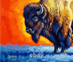 Original Western Art American Bison, Buffalo, Hand Painted 40x30 Inches Signed