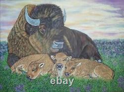 Original oil painting-Resting Bison (American Buffalo) and calves-24x 18x 5/8