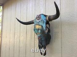 PAINTED STEER SKULL 22 wide HORN (BUFFALO BISON) cow BULL head