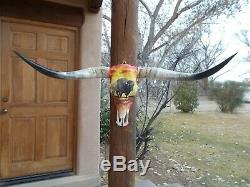 Painted Longhorn Steer Skull 4 Feet 6 Wide Horns Mounted Bull Bison Cow Head