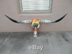 Painted Longhorn Steer Skull 4 Feet 6 Wide Horns Mounted Bull Bison Cow Head