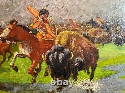 Paul Herzel ORIGINAL Oil on Canvas Western Bison Hunting Painting Restored 1920s