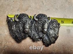 Rare ARNOLD GOLDSTEIN 3D SILVER BELT BUCKLE Triple Buffalo Bison HEAD