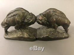 Rare Antique Armor Bronze Buffalo Bison Bronze Clad Bookends 9 x 9 x 4 1/2