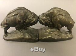 Rare Antique Armor Bronze Buffalo Bison Bronze Clad Bookends 9 x 9 x 4 1/2