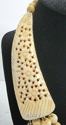 Rare- Vintage Native Bison Horn Hand Carved Bib Necklace with Bone Beads