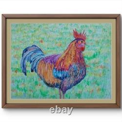 Rooster Modern Colorful Art Farm 9x12 Watercolor Pastel PaintingYupo Paper BACH
