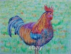Rooster Modern Colorful Art Farm 9x12 Watercolor Pastel PaintingYupo Paper BACH