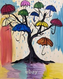 Rutenberg Original 16x20 Mixed Media Art Painting Umbrella Tree Abstract Acrylic