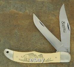 Schrade USA 1982 Scrimshaw Bison Scene Folding Hunter Knife Sc508