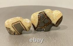 Septarian Crystal Carved Buffalo Bison Adult Baby Pair Utah Dragon Stone Geode