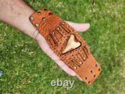 Shark fossil cuff bracelet genuine Buffalo Bison Leather for 7.5 inch wrist size