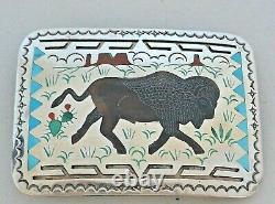 Signed NOS SAMMY & ESTER GUARDIAN Zuni BELT BUCKLE Bison Sterling Silver