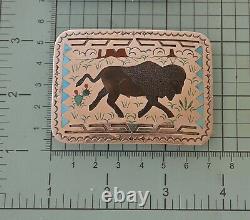 Signed NOS SAMMY & ESTER GUARDIAN Zuni BELT BUCKLE Bison Sterling Silver