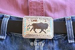 Signed NOS SAMMY & ESTER GUARDIAN Zuni BELT BUCKLE Bison Sterling Silver