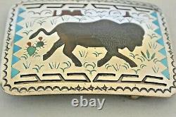 Signed NOS SAMMY & ESTER GUARDIAN Zuni BELT BUCKLE Bison Sterling Silver