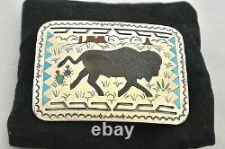 Signed NOS SAMMY & ESTER GUARDIAN Zuni BELT BUCKLE Bison Sterling Silver