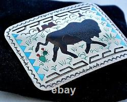 Signed NOS SAMMY & ESTER GUARDIAN Zuni BELT BUCKLE Bison Sterling Silver