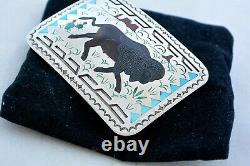 Signed NOS SAMMY & ESTER GUARDIAN Zuni BELT BUCKLE Bison Sterling Silver