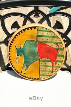 Signed Native American Rawhide Hand Drum Rob McClellan Handpainted Bison Buffalo