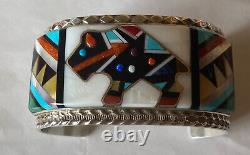 Signed Zuni Sterling Silver Multi-Stone Inlay Bison Cuff Bracelet