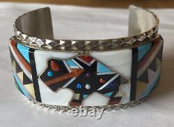 Signed Zuni Sterling Silver Multi-Stone Inlay Bison Cuff Bracelet