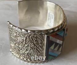 Signed Zuni Sterling Silver Multi-Stone Inlay Bison Cuff Bracelet