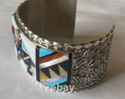 Signed Zuni Sterling Silver Multi-Stone Inlay Bison Cuff Bracelet