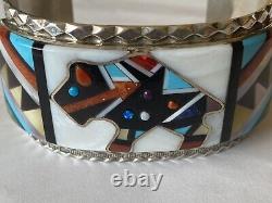 Signed Zuni Sterling Silver Multi-Stone Inlay Bison Cuff Bracelet