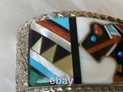 Signed Zuni Sterling Silver Multi-Stone Inlay Bison Cuff Bracelet