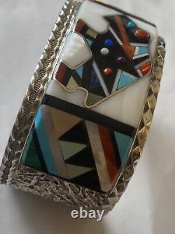 Signed Zuni Sterling Silver Multi-Stone Inlay Bison Cuff Bracelet