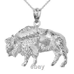 Solid White 14K Gold Diamond Cut Bison Pendant Necklace