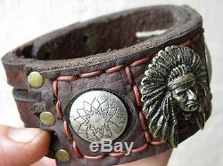 Sterling Silvers buttons Brass Indian Chief Bison leather men biker bracelet
