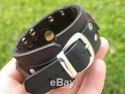 Sterling silver Bear claw button Bison leather cuff bracelet adjustable biker