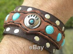 Sterling silver Bear claw button Bison leather cuff bracelet adjustable biker