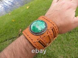 Sterling silver Malachite Ketoh cuff Buffalo Bison leather adjustable bracelet