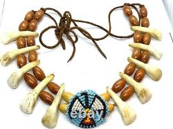 Stunning Vintage Native American Bison Teeth, Wooden Bead & Beadwork Necklace