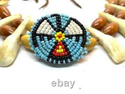 Stunning Vintage Native American Bison Teeth, Wooden Bead & Beadwork Necklace