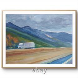Truck on Highway Mountain Landscape Original Acrylic Painting Impressionist Art