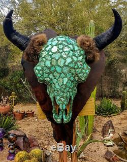 Turquoise Buffalo, record class Bison skull on Redwood Burl panel, Joni Hamari