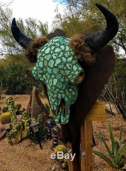 Turquoise Buffalo, record class Bison skull on Redwood Burl panel, Joni Hamari