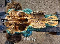 Turquoise Buffalo, record class Bison skull on Redwood Burl panel, Joni Hamari