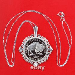 US 2005 Jefferson Nickel Solid 925 Sterling Silver Necklace NEW American Bison