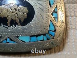 VTG 100% Handcrafted Johnson & Held Turquoise Inlay Buffalo Bison Belt Buckle