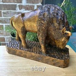 VTG Art Wood Hand Carved American Bison Buffalo Heavy Fine Details Adzed 12 L